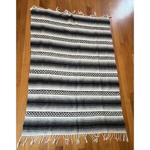 Sarape Blanket Throw Rug Black Gray White Striped Woven Fringe Southwestern